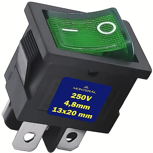 Interruttore Bipolare Luminoso Verde 250V 6A Faston 4,8mm Corpo di Colore Nero Garanzia di 10 Anni - MONTERAL