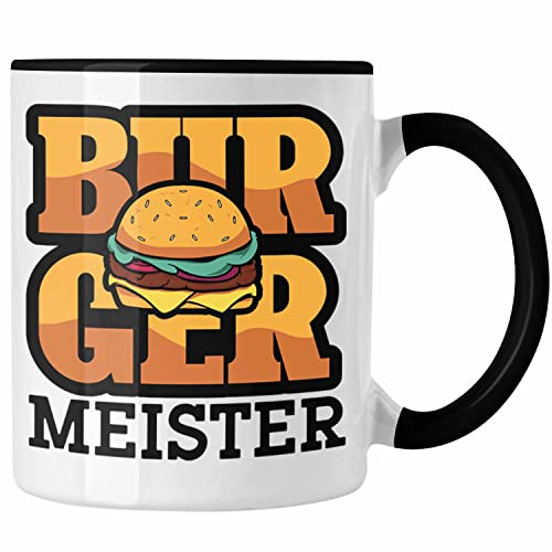Trendation - Burger Meister Tasse Geschenk Spruch Grillen Sommer Burger Liebhaber Geschenkidee Cheeseburger (Schwarz)