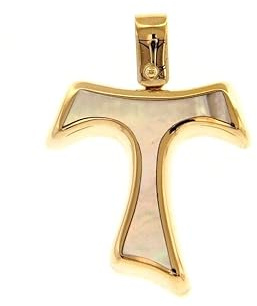 generico Kreuz-Anhänger aus 18 Karat Gelbgold, 750, TAU-Kreuz, Franziskaner, mit Perlmutt, Länge 20 mm., 20 MM, Gold, Perlmutt