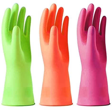 Alimat PluS 3 Colors Rubber Gloves, Washing up Gloves Without Liner, Reusable Cleaning Gloves Latex Free, Waterproof Kitchen Gloves for Laundry, Gardening (L)