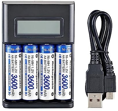Rianpesn AA Rechargeable Battery Charger | 4 Slot USB, LCD Display, Fast Charging, 1.2V NiMH AA/AAA