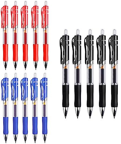 JZK 15 X Bolígrafos Retráctiles Rollerball de 0,5 mm, Tinta de Gel Negro, Azul y Rojo para Oficina, Escuela y Hogar