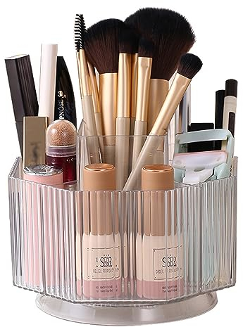 NUODWELL 360° Rotating Makeup Organiser, Makeup Brush Holder Clear Cosmetic Display Case with 5 Slots, Large Capacity Makeup Brushes Organizer for Dressing Table Bedroom Bathroom Office (Transparent)