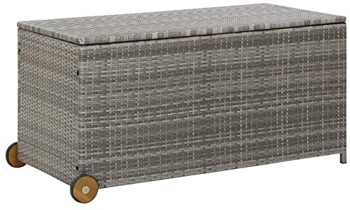 Festnight Polyrattan Auflagenbox mit Rollen, Groß Gartenbox Wasserdicht, wetterfeste Kissenbox, Hubautomatik, Aufbewahrungsbox für Garten, Terrasse und Balkon, 120 x 65 x 61 cm Hellgrau