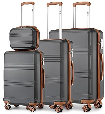 Kono Set de 4 Valises Rigide Bagage Cabine 55cm + Valise Moyenne 65cm + Valise Grande 74cm avec 4 roulettes et Serrure TSA + Vanity Case, Gris/Marron