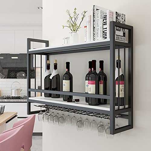 Mensola da parete in ferro Espositore per bottiglie di vino, calici rovesciati neri Scaffali per calici in vetro, mensole da cucina per bar ristorante con tavola di legno bianca
