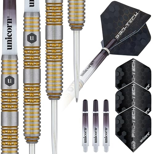 Unicorn Darts Set | Pro-Tech Style 6 | 90% Natural Tungsten Barrels with Intricately Machined Golden Accents | Steel Tip Volute Points | 23 g