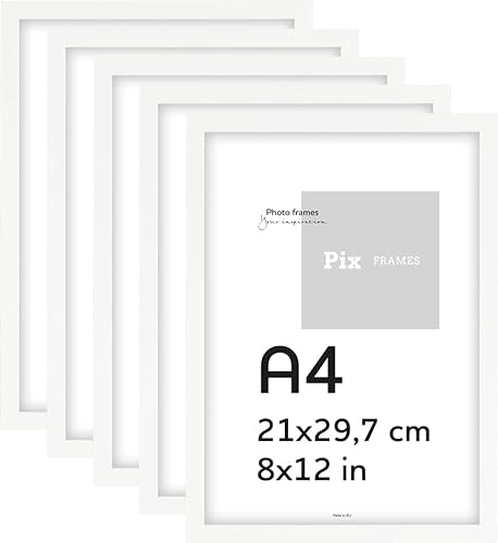 Pix FRAMES 5er Bilderrahmen Set A4 - Holzrahmen für Foto - Rahmen mit Scheiben aus acrylglas - Rahmen zum Aufhängen und Aufstellen - Modern Photo Frame - Weiß