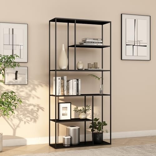 [en.casa] Standregal Vehmaa Bücherregal mit 7 offenen Fächern 90 x 30 x 188 cm Metallregal für Wohnzimmer Schlafzimmer Schwarz Regal stehend