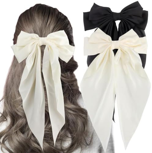 2 Pièces Barrettes à Cheveux Avec Nœud Papillon - Barrettes à Cheveux Françaises en Satin Pour Femmes et Filles (Noir + Blanc)