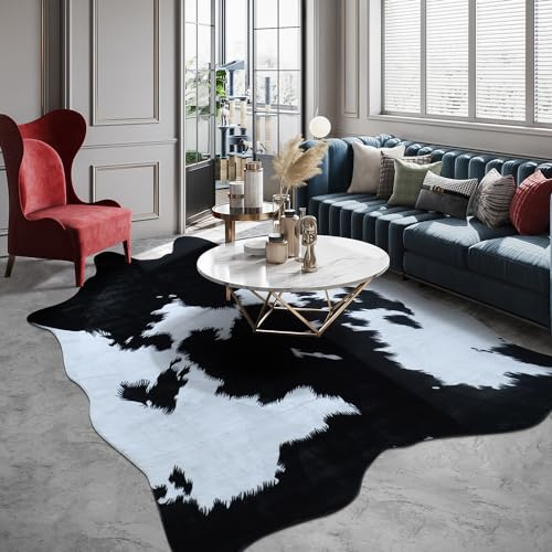 Rugoo Kunstfell-Teppich aus Rindsleder, 2 x 1,4 m, Kuh-Druck, für Wohnzimmer, Schlafzimmer, Kinderzimmer, Schwarz