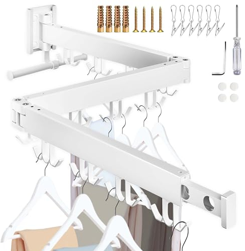 Tendedero Plegable de Pared (3 Brazos), Perchero Extensible Multifuncional de Aluminio para Interior y Exterior, Colgador de Ropa Tenderete con Perchas Giratorias 180° para Ahorrar Espacio en Casa