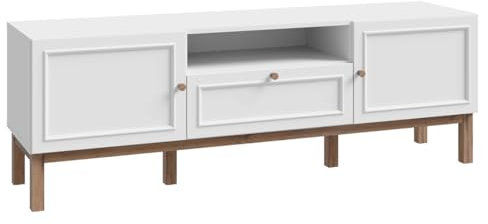 Meuble TV L. 160 cm 1 Tiroir et 2 Portes Décor Décor Gris Clair et Chêne avec Poignées en Bois Massif - Style Classique Chic et Scandinave - Udine