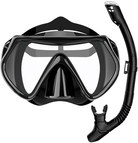 BuyCard Snorkel Mask,180 Degree Panoramic View Dry Top Snorkeling Gear,Safe Anti-Leak Anti-Fog Diving Mask, Snorkel Set and Swimming Goggles (Black)