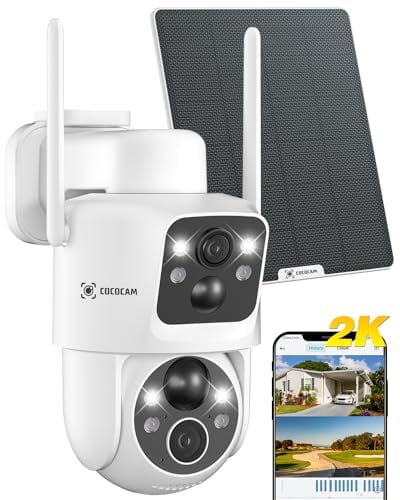 COCOCAM 2K Camara Vigilancia WiFi Exterior Solar con Lentes Duales PIR, Sin Cable, Batería 10000mAh, 355°P 90°T, Análisis de IA, Panel Solar 6W, IP66
