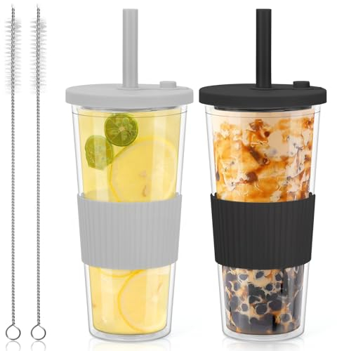 2 x 710ml Trinkbecher Mit Deckel und Strohhalm, Bubble Tea Becher, Doppelwandig Isolierte Plastikbecher, Wiederverwendbare Tumbler für Kaffee Saft, To Go (Schwarz + Grau)
