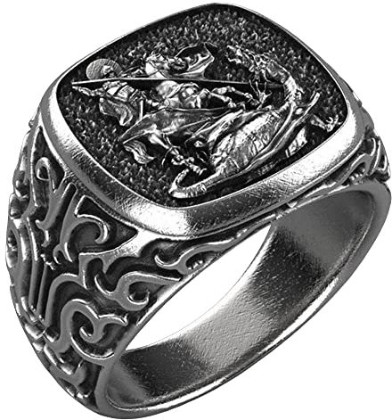 WIPPWER Neue Vintage Silber Überzogene Dragon Warrior St. George Ringe for Männer Retro Mode Schmuck Nordischen Mythologie Viking Ring Party Geschenk