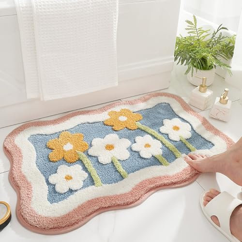 Tapis de Bain Antidérapant, Tapis Salle de Bain Moelleux en Microfibre, Tapis de Douche Absorbant Lavable en Machine pour Salle de Bain, Cuisine, Chambre, Porte (Fleur, 50x80cm)