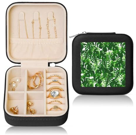 Monstera Deliciosa Schmuckkästchen, Bananenpalme, tragbar, quadratisch, Leder, Aufbewahrung für Ringe, Ohrringe, Halsketten und Armbänder, mit Reißverschlussetui