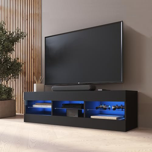 Komodee TV Schrank Tivoli, Schwarz/Schwarz, Breite 140cm x Höhe 40,5cm x Tiefe 35,5cm, LED Blau, für Wohnzimmer, Schlafzimmer