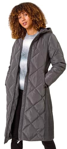 Roman Originals Padded Coat For Women UK - Ladies Longline Puffer Winter Quilted Parka Waterproof Rainproof Wind Resistant Thermal Jacket Long Length Warm Zip Hood Puffa Cosy - Charcoal - Size 16