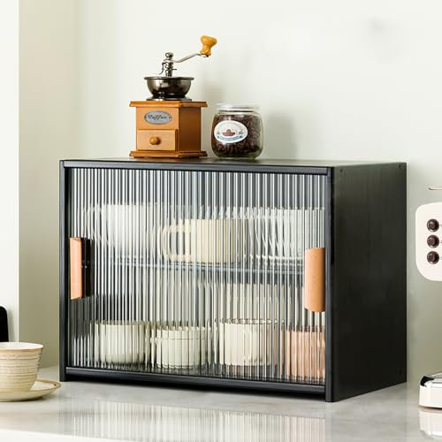 Buffet de cuisine en bambou avec porte coulissante en acrylique - Meuble de rangement autonome pour bouteilles d'épices et bols - 45 x 28 x 34 cm - Noir