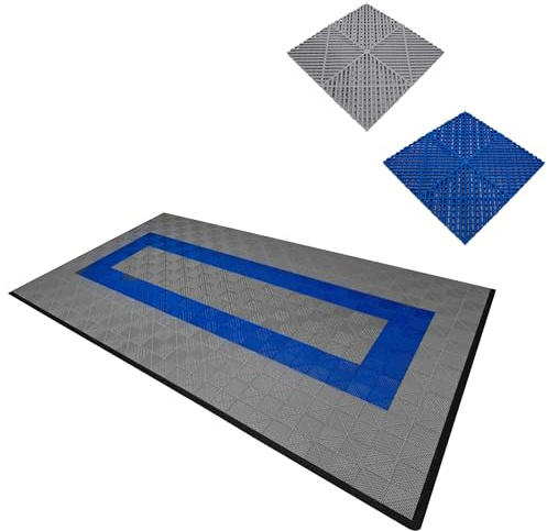 Vented Modular Interlocking Flooring Tiles & Edges 90 Grey & 30 Blue Single Garage Heavy Duty Floor Mat Showroom Workshop Outdoor Polypropylene Anti Slip Weather Resistant Drainage 3.2m x 6m 19.2m2