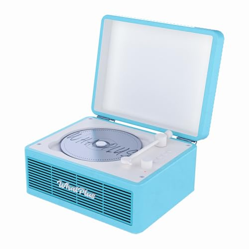 WhatPlus Portable CD Player with Bluetooth and Speakers, Light Blue | Rechargeable retro suitcase design with magnetic back, AUX and TF card support for home decor, travel and gifting