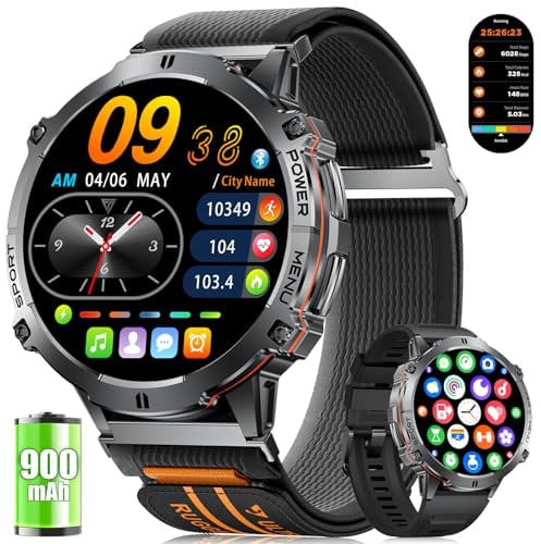 LIGE Montre Connectée Homme avec 900mAh, 1,73'' AMOLED Grand Écran Montre Connectée Militaire avec Kompass Baromètre, 110+ Modes de Sport, IP68 Étanche, Fréquence Cardiaque/SpO2 for Android iOS, Noir