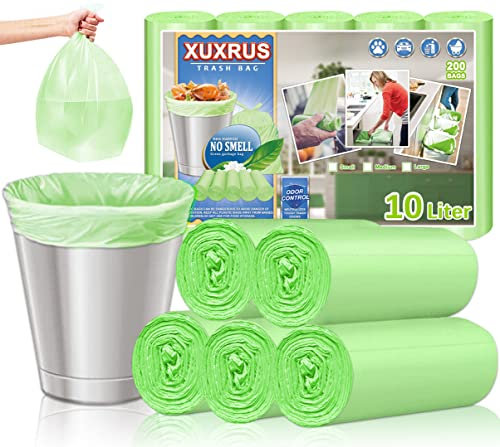 XUXRUS Sacs Poubelle 10L - Lot de 200 Petits Sacs Poubelle Vert Ultra Résistants, Anti-Fuite et Haute Qualité - Pour Cuisine, Salle de Bain, Salon