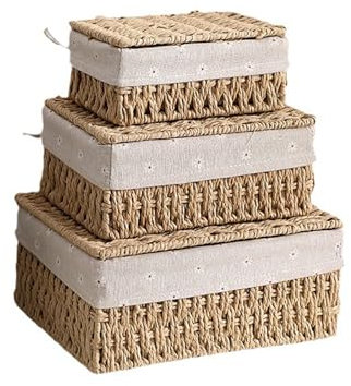 Aufbewahrungskorb 3er Set mit Deckel – Geflochtene Papierseil-Körbe mit Baumwollfutter, Boho Aufbewahrungsbox für Spielzeug, Badezimmer, Wohnzimmer – Naturfarben & Stapelbar (Beige)