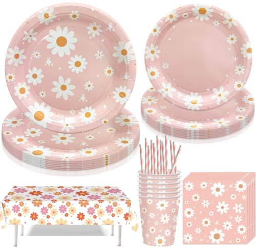 Sunshine smile 61 Stück Gänseblümchen Partygeschirr Set,Partygeschirr Gänseblümchen,Blumen Deko Geburtstag,Gänseblümchen Pappteller Becher Servietten geburtstag Deko