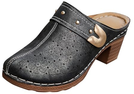 Mules skor för kvinnor stängd tå träskor höga tjocka klackar mulor sandaler båge stöd dra på tofflor ihåliga ortopediska bilder bekväma promenadskor bred passform lätta pantoletten, Svart, 36 EU