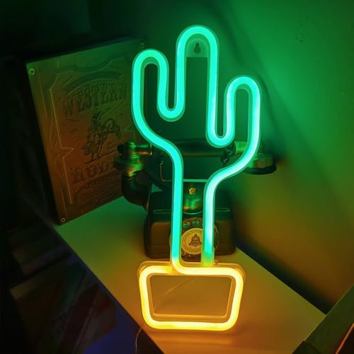 Insegna al neon a forma di cactus, luce al neon a forma di cactus con supporto da tavolo, lampada da notte decorativa con luci al neon alimentate a batteria/USB, per la decorazione della casa