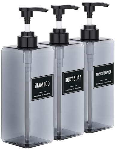 Segbeauty Spülmittelspender, 3 Stück 800ml Seifenspender Bad, Shampoo Spender aus Kunststoff, Handseifenspender mit Etiketten, Küchendeko (Grau, Quadratisch)