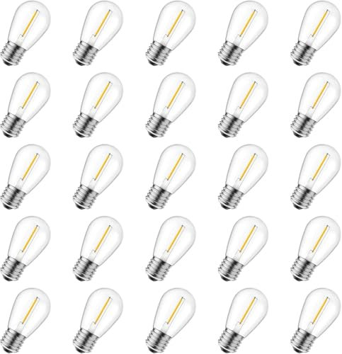 25 Stück E27 S14 1W LED Lampen, Ersatz 7W Glühbirnen Außen, 2700K Warmweiß, AC220-240V, S14 Globe Klar, Kunststoff Birne, Außenleuchten für Außen-Lichterketten, Camping, Straßen, Party (S14)