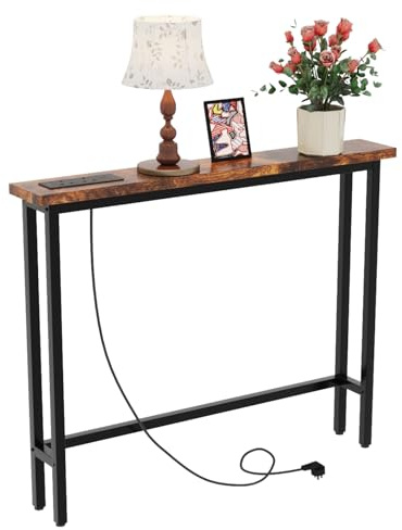 Bonnlo Console Table for Hallway Slim, Narrow Sofa table with Outlets | Behind Couch Table with Charging Station, USB Ports and 150cm Power cord, for Entryway, Corridor ,100x15x79cm (Rustic Brown)
