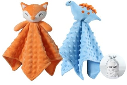CREVENT Kuschelige Plüsch-Babydecke, Kuscheltier für Mädchen und Jungen, Geburtstag (Fuchs + Dinosaurier)