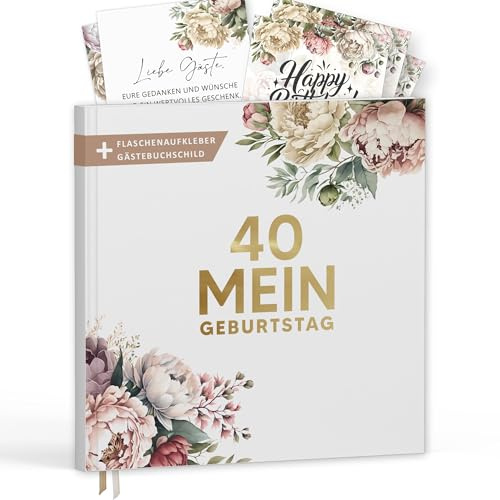 Gästebuch 40. Geburtstag mit Weinetiketten & Goldprägung 21x21 cm | Pfingstrosen Hardcover Erinnerungsbuch 72 blanko Innenseiten zum Ausfüllen ohne Fragen (40 Mein Geburtstag / PR, 21x21cm)