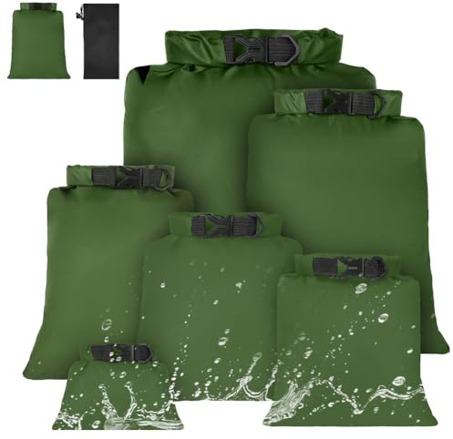 vsshe wasserdichte Tasche, 6 Stück wasserdichte Aufbewahrungsbeutel, 1,5/2,5/3/3,5/5/8L Packsack Wasserdicht Ultraleicht Dry Bag Trockentasche für Driften Schwimmen Schnorcheln Camping Kajak, Grün