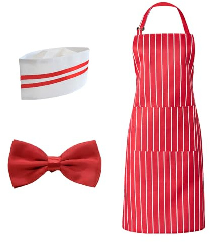 3PCS Schürze und Kochmütze Set, Küchenschürze Damen Verstellbare mit Taschen Kochmütze und Fliege, Kochschürze Damen, Gestreifte Koch Kostüm Rot Weiß für BBQ, Küche, Kochen, Cosplay, Popcorn Kostüm