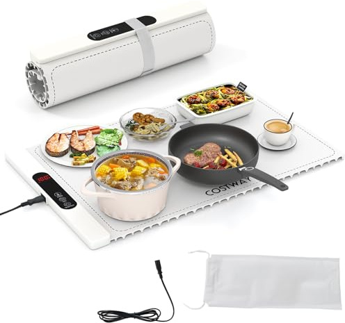 COSTWAY Food Warming Mat, Roll Up Electric Warming Tray with 6 Temperature, 5 Timer Settings, Full Surface Heating, 10s Fast Heating, Child Lock & Storage Bag, Silicone Heating Mat for Buffets Party