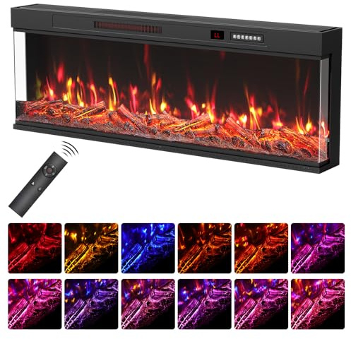 Quiniver 50 Ultra Slim 3-Sided Recessed Electric Fireplace 270° | Dual heating modes,12 colour adjustable 3D flames,timer function,quiet operation,child lock safety,touch & remote control