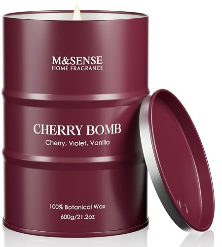 M&SENSE Kirschbombe Duftkerze im Glas, süßer Kirschduft für Zuhause, natürliche Sojawachskerze, große Größe 600g, 130 Stunden Brenndauer, Geschenk für Frauen
