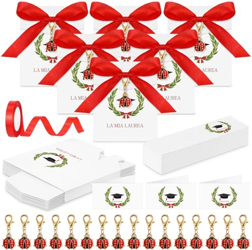 BBTO 50 Set Bomboniere Laurea Completi, Portachiavi Coccinella Scatolina Portaconfetti Bigliettino Nastro Rosso, Kit Laurea per Ospiti Cerimonia Festa Decorazioni Gadget Regalo