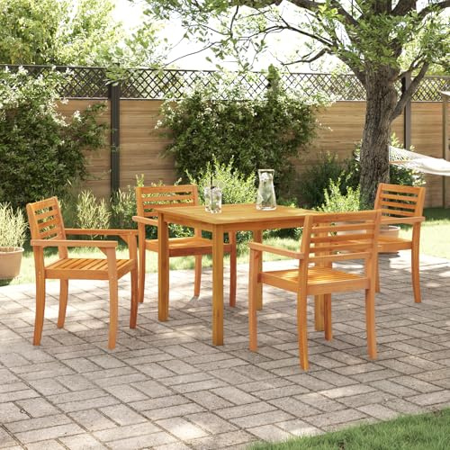 EDNRSOG 5-TLG. Garten-Essgruppe aus Massivholz Akazie mit 4 rustikalen Stühlen und Tisch für Terrasse und Balkon, bequemer Sitz mit Armlehnen, wetterfestes Lamellen-Design,