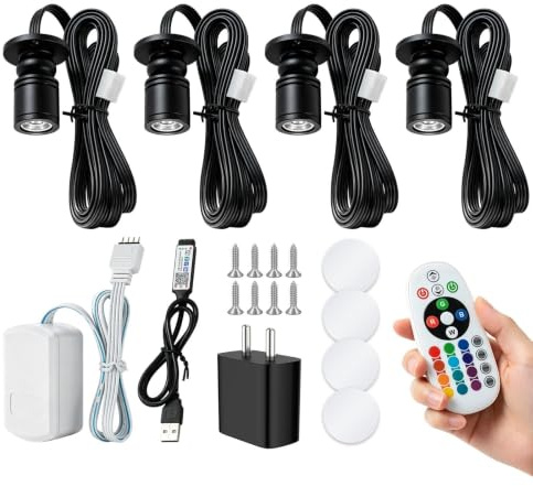 4 Stück Schwenkbar Aluminium Spotlight, RGB-Farbwechsel Led-Spot Drehbar, Mini-Spotlight mit Bluetooth APP & Fernbedienung, 1.5W Deckenleuchte 180° Mini LED Strahler für Schmuck, Vitrinenschränke