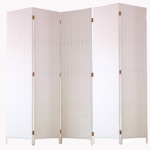 PEGANE Paravent de 5 pans tressé en Fibres Naturelles Coloris Blanc - Dim : H180 x L225 cm