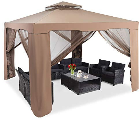 COSTWAY Tonnelle de Jardin 3 x 3M en Polyester Imperméabilisé Anti UV, Tente Réception à Double Toit avec 4 Moustiquaires Amovibles Zippées, pour Fête Camping BBQ (Brun)