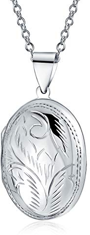 Bling Jewelry Colgantes De Estilo Vintage Personalizado De Plata .925 Con Forma Ovalada Para Mujeres Con Diseño Grabado De Hojas Florales Que Sostiene Fotos, Collar Colgante De Gran Tamaño Para Fotos